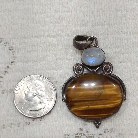 Vintage 925 Silver Real Tiger Eye & Moonstone Gemstone Oval Pendant Boho Hippie - Picture 15 of 16